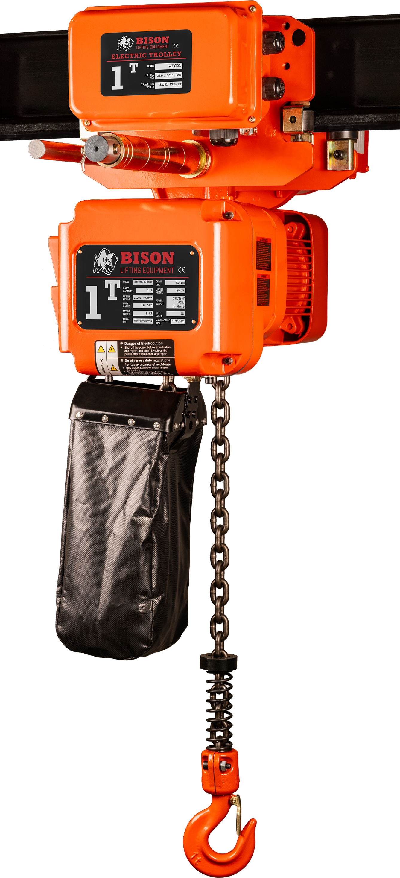 Bison 1Ton Three Phase Dual Speed Electric Chain Hoist with Trolley 230v/460v