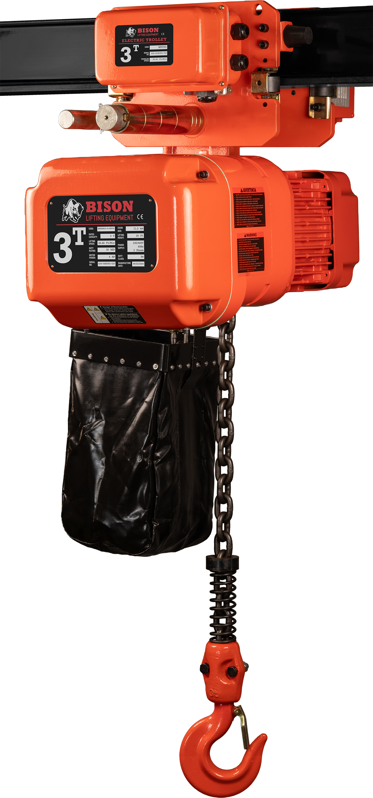 Bison 3Ton Three Phase Dual Speed Electric Chain Hoist with Trolley 230v/460v