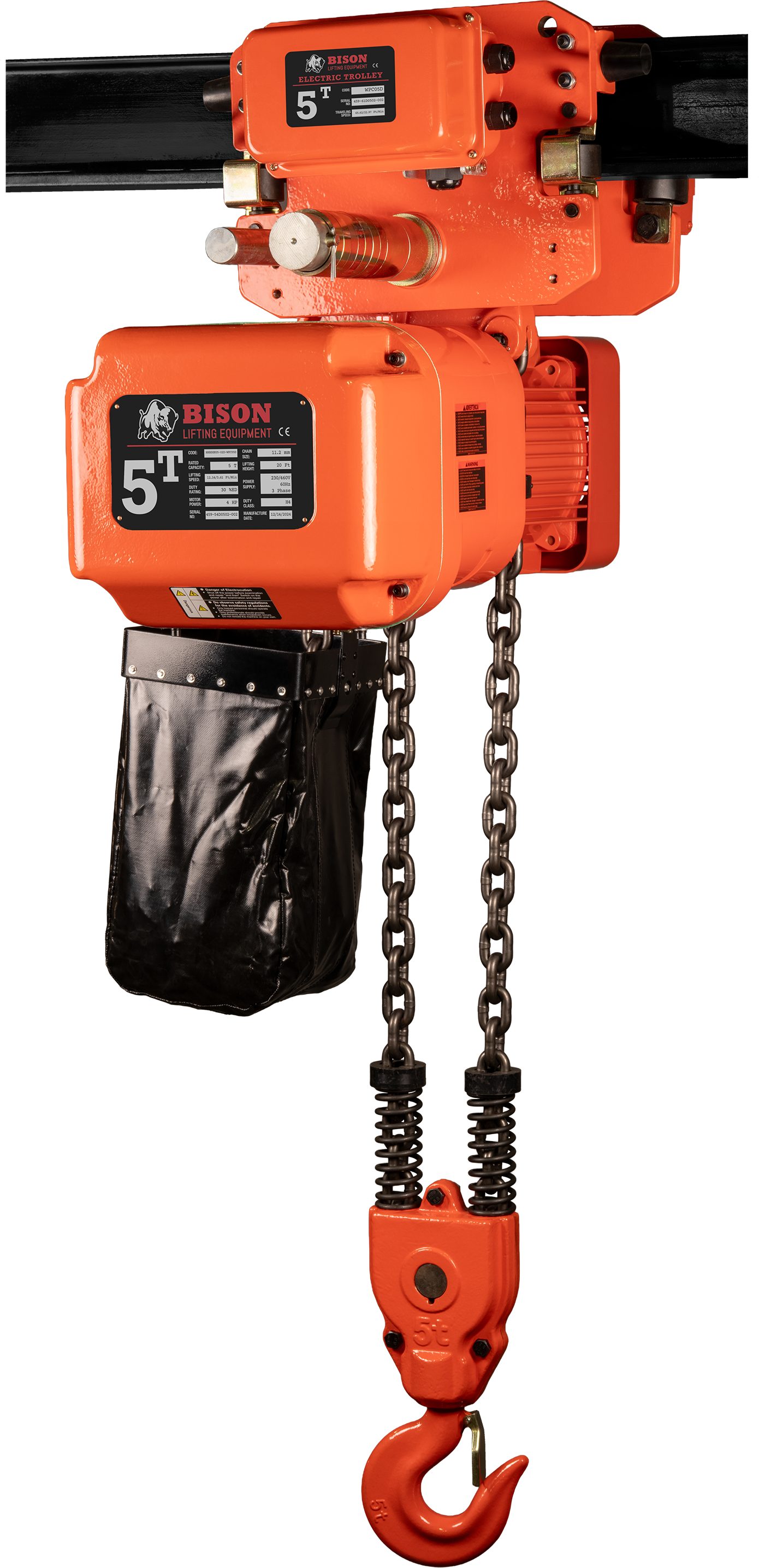 Bison 5Ton Three Phase Dual Speed Electric Chain Hoist with Trolley 230v/460v