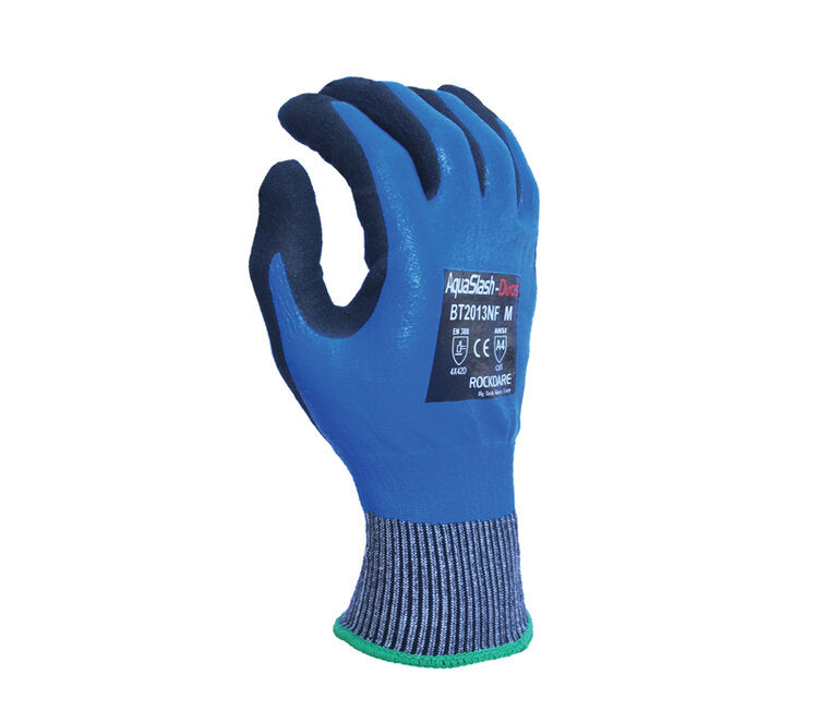 TASK GLOVES - (BT2013NF) AquaSlash - 13 Gauge Blue Gloves, HDPE shell, Fully coated Blue Nitrile with Black Sandy Nitrile palm, ANSI A4 - Quantity 12 Pair