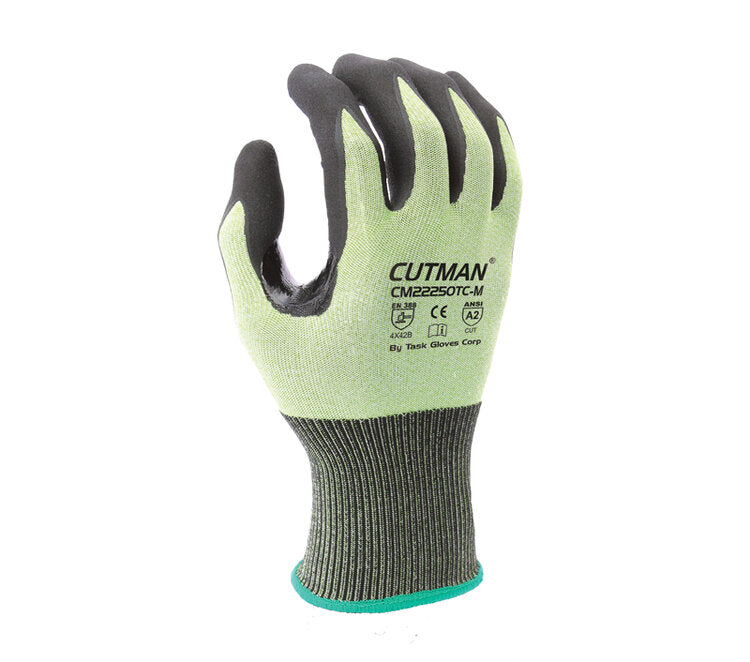 TASK GLOVES - CUTMAN® - 18 Gauge Gloves, Hi-Vis HDPE shell, Black Micro-Foam Nitrile palm coated, Reinforced Thumb Saddle, ANSI A2, Touchscreen compatible - Quantity 12 Pair