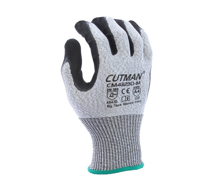TASK GLOVES - CUTMAN® - 13 Gauge Gray Gloves, HDPE shell, Double dipped Nitrile palm coated with Black Sandy-Foam Nitrile finish, ANSI A4 - Quantity 12 Pair