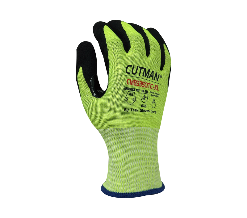 TASK GLOVES - CUTMAN® - 18 Gauge Gloves, Hi-Vis Yellow HDPE + Stainless Steel Liner Black Sandy-Foam Nitrile Palm Coated (ANSI CUT A8) with Reinforced Thumb Saddle Touch Screen Compatible - Quantity 12 Pair