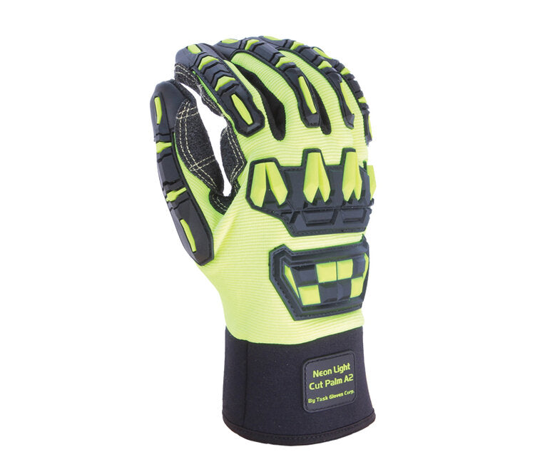 TASK GLOVES - Synthetic Leather Palm Gloves, Double Armortex on palm, Hi-Vis Yellow spandex back, Neoprene cuff with ID pad, TPR back - Quantity 12 Pair