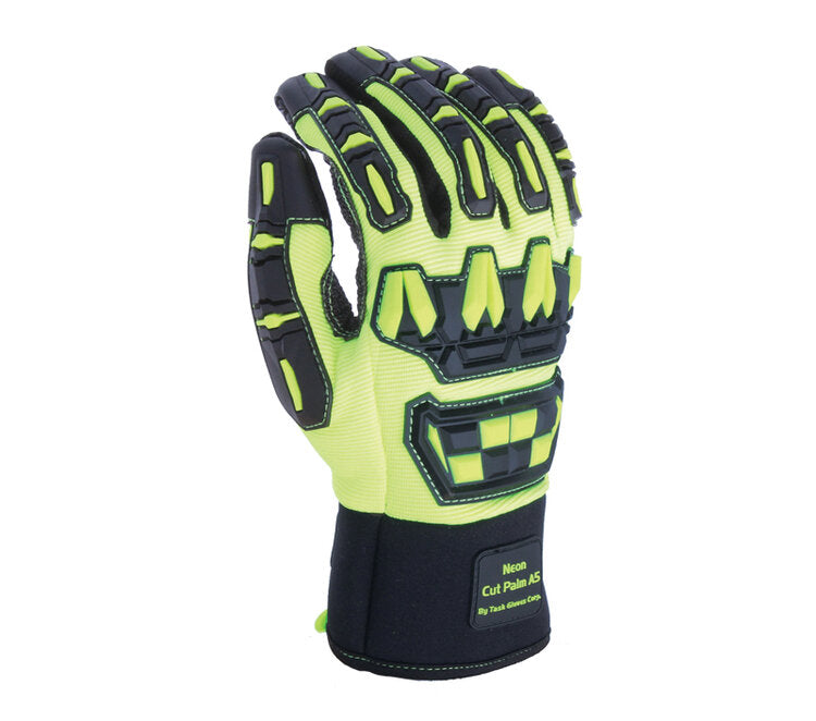 TASK GLOVES - Anti-Cut composite cloth palm Gloves, Silicone Palm, Hi-Vis Yellow Spandex back, Armortex reinforced crotch, Neoprene cuff with ID pad, TPR back - Quantity 12 Pair