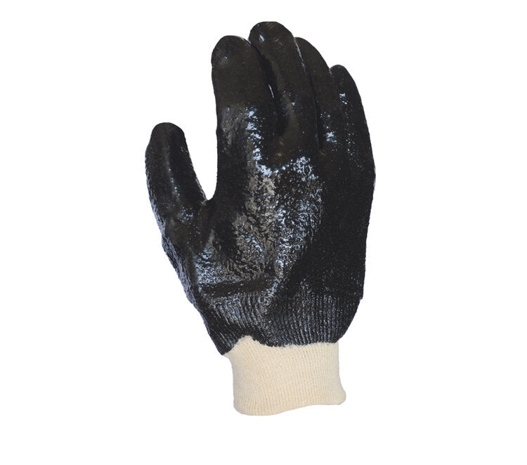 TASK GLOVES - Semi-rough finish black PVC supported Gloves, Single dipped, Interlock lined, Knit wrist - Quantity 12 Pair