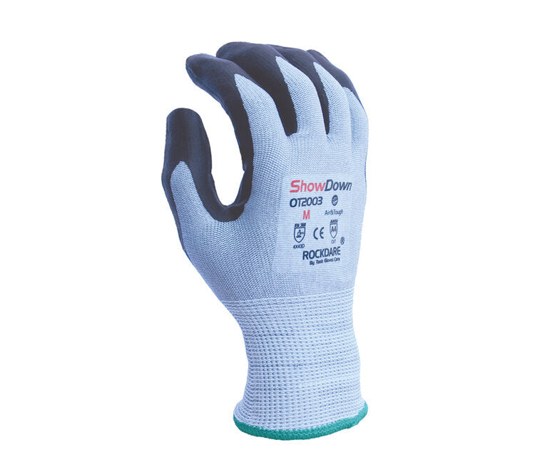 TASK GLOVES - Show Down - 13 Gauge Gray Gloves, HPPE shell, Black Waterbased Polymer Palm coated, ANSI A4 - Quantity 12 Pair