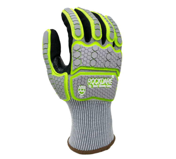 TASK GLOVES - RockDare® - Black RevoTek® palm coated, Reinforced Thumb Saddle, Gray/Green TPR back, 15 Gauge Gloves, Gray HDPE+Glass Fiber+Stainless Steel shell, ANSI A4 - Quantity 12 Pair