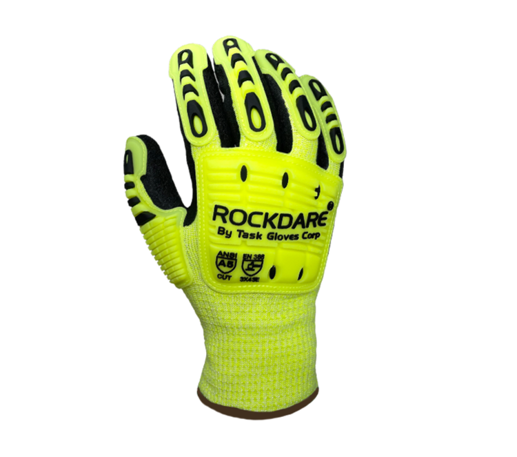 TASK GLOVES - Black Crinkle Latex palm coated, 13 Gauge Gloves, Hi-Vis Yellow HDPE shell, Acrylic Lined, Hi-Vis Yellow TPR back, PVC Waterproof barrier, ANSI CUT A5 - Quantity 12 Pair