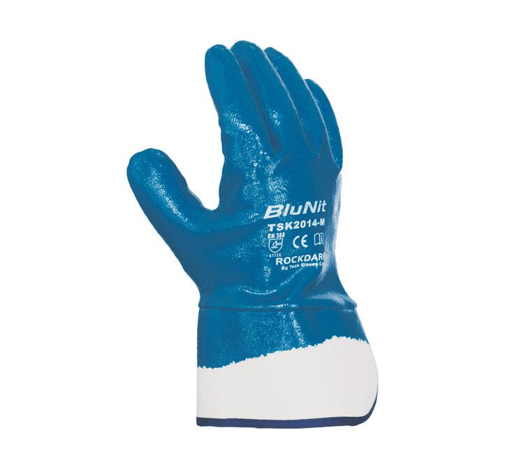 TASK GLOVES - Heavy weight Gloves, Blue Nitrile Fully coated, Smooth finish, Cotton Lined, 2 1/2" plasticized safety cuff - Quantity 12 Pair