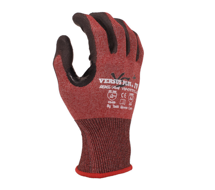 TASK GLOVES - Versus Plus® - 18 Gauge Red Gloves, Falstone„¢ Fiber shell, Black Polyurethane Palm coated, Reinforced Nitrile Thumb Saddle, ANSI A4, Touchscreen compatible