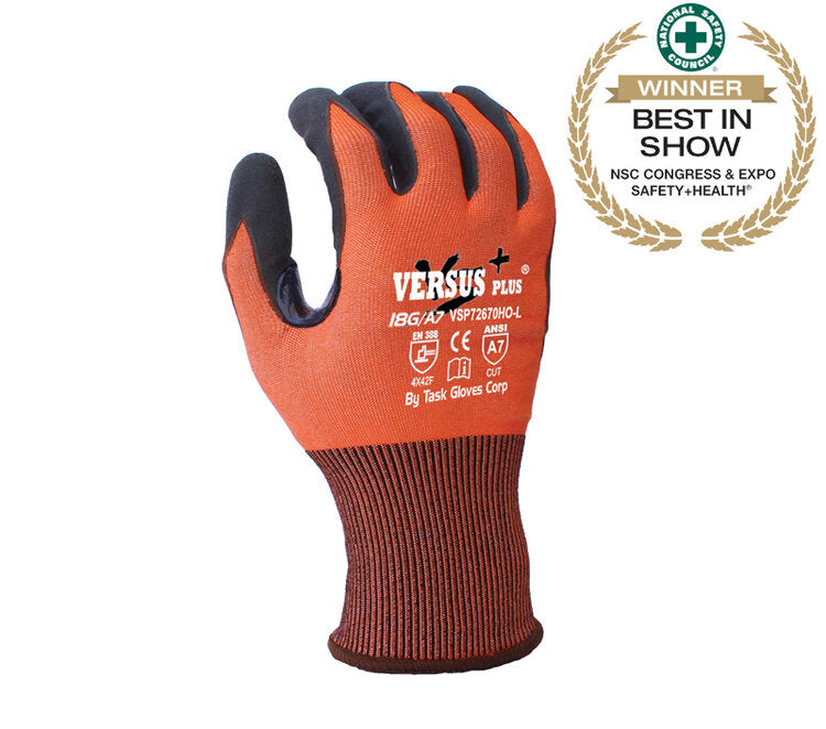 TASK GLOVES - Versus Plus® - 18 Gauge Hi-Vis Orange Gloves, Falstone„¢ Fiber shell, Black Micro-Foam Nitrile coated palm and fingers, Reinforced Thumb Saddle, Touchscreen compatible, ANSI A7 - Quantity 12 Pair