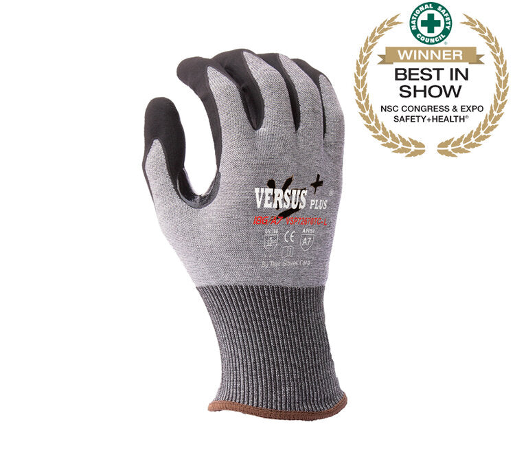 TASK GLOVES - Versus Plus® - 18 Gauge Gloves, Falstone„¢ Fiber shell, Black Micro-Foam Nitrile coated palm and fingers, Reinforced Thumb Saddle, Touchscreen compatible, ANSI A7 - Quantity 12 Pair